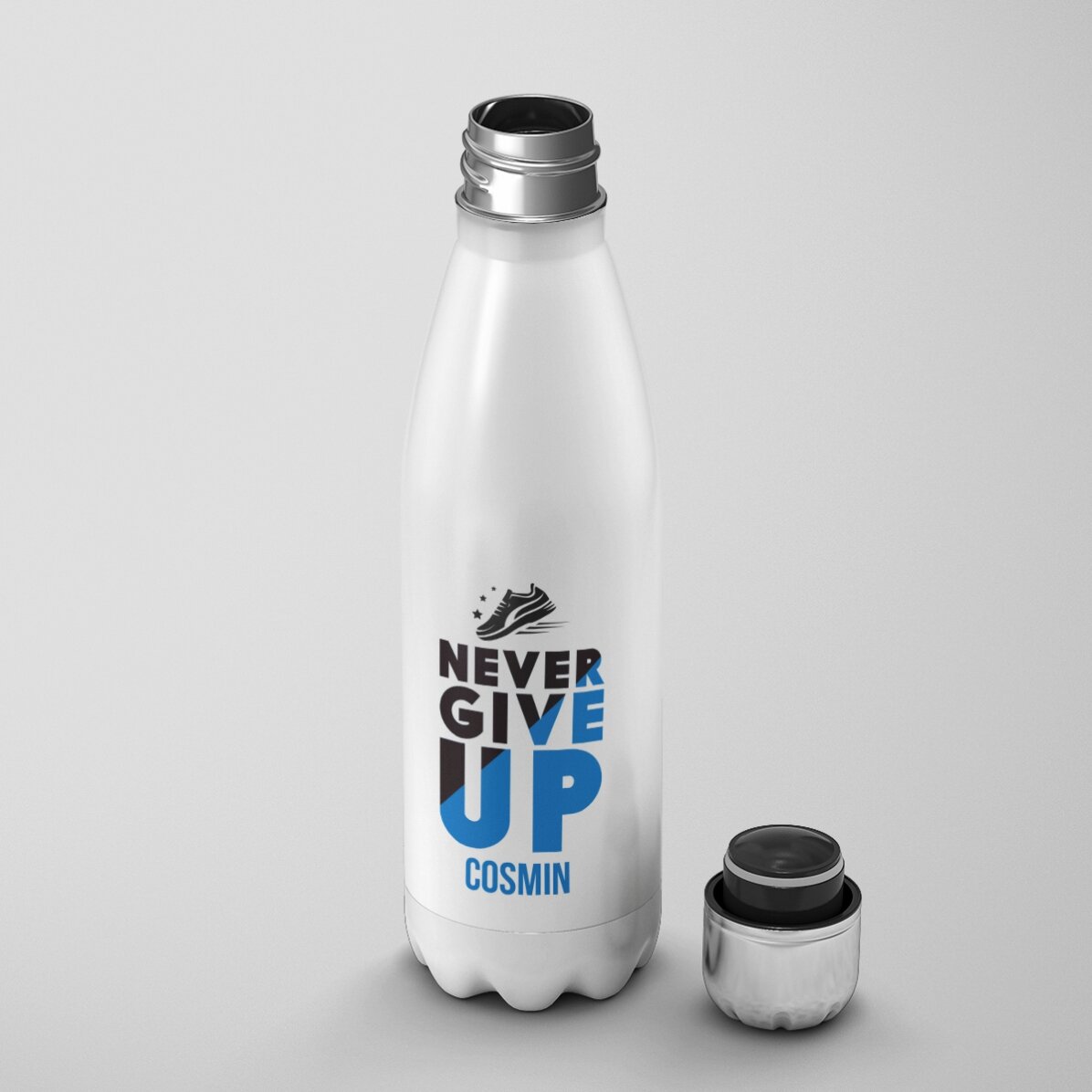 Thermos with white base personalised with name - Never give up