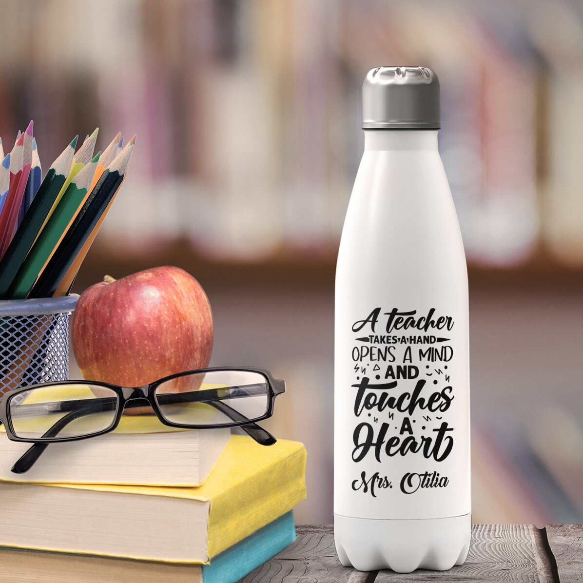 Personalised white base thermos flask with name for teachers - Touch a heart
