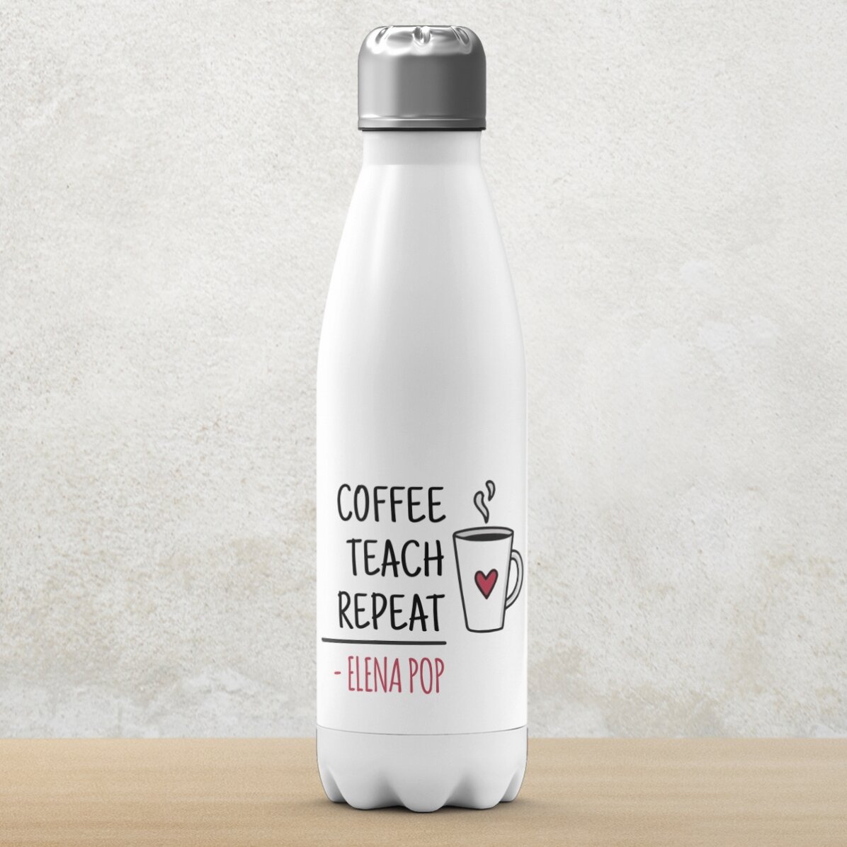 Thermos flask with white base, personalised with name for teachers