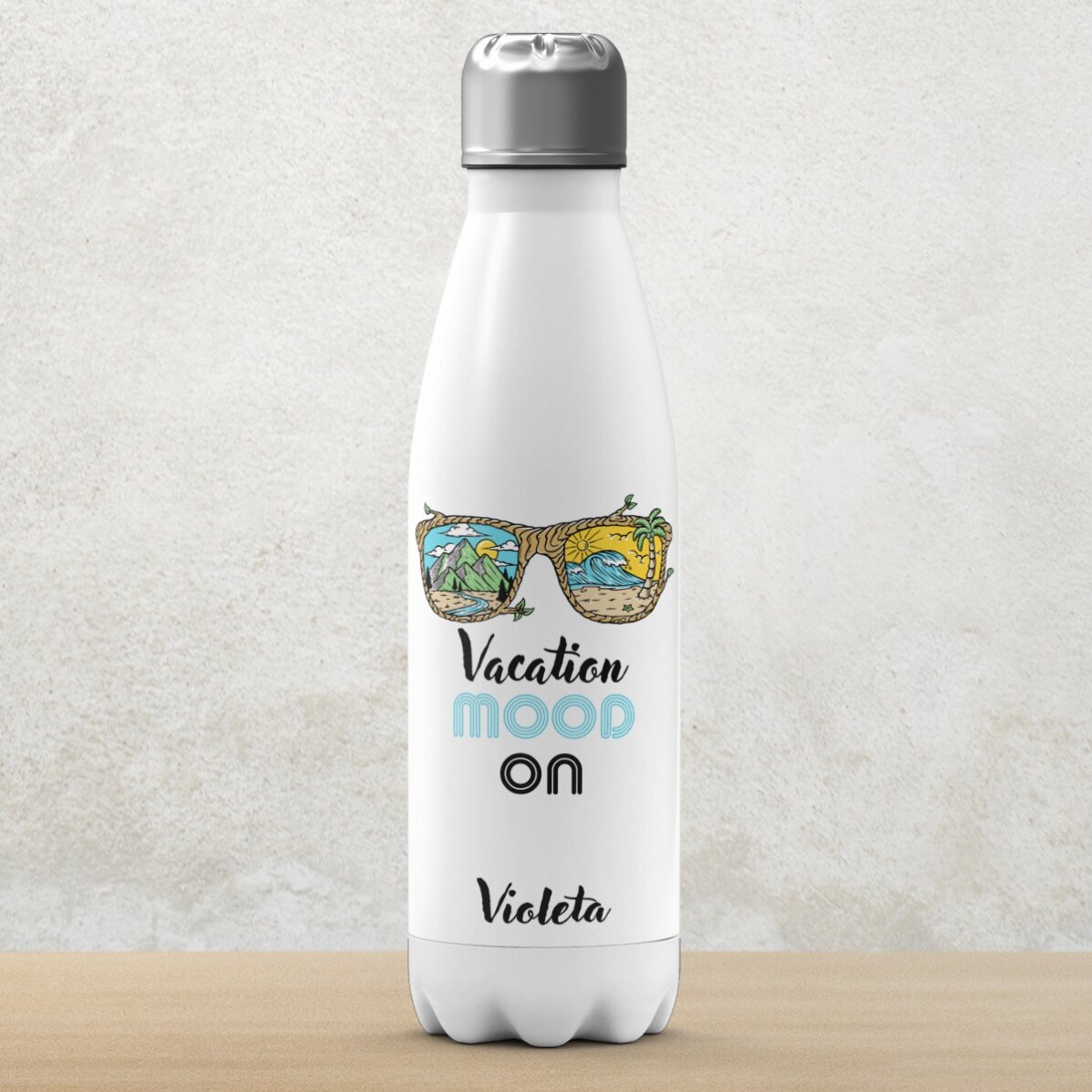 Thermoskanne mit weißem Boden, individuell mit Namen bedruckt – Vacation mood ON