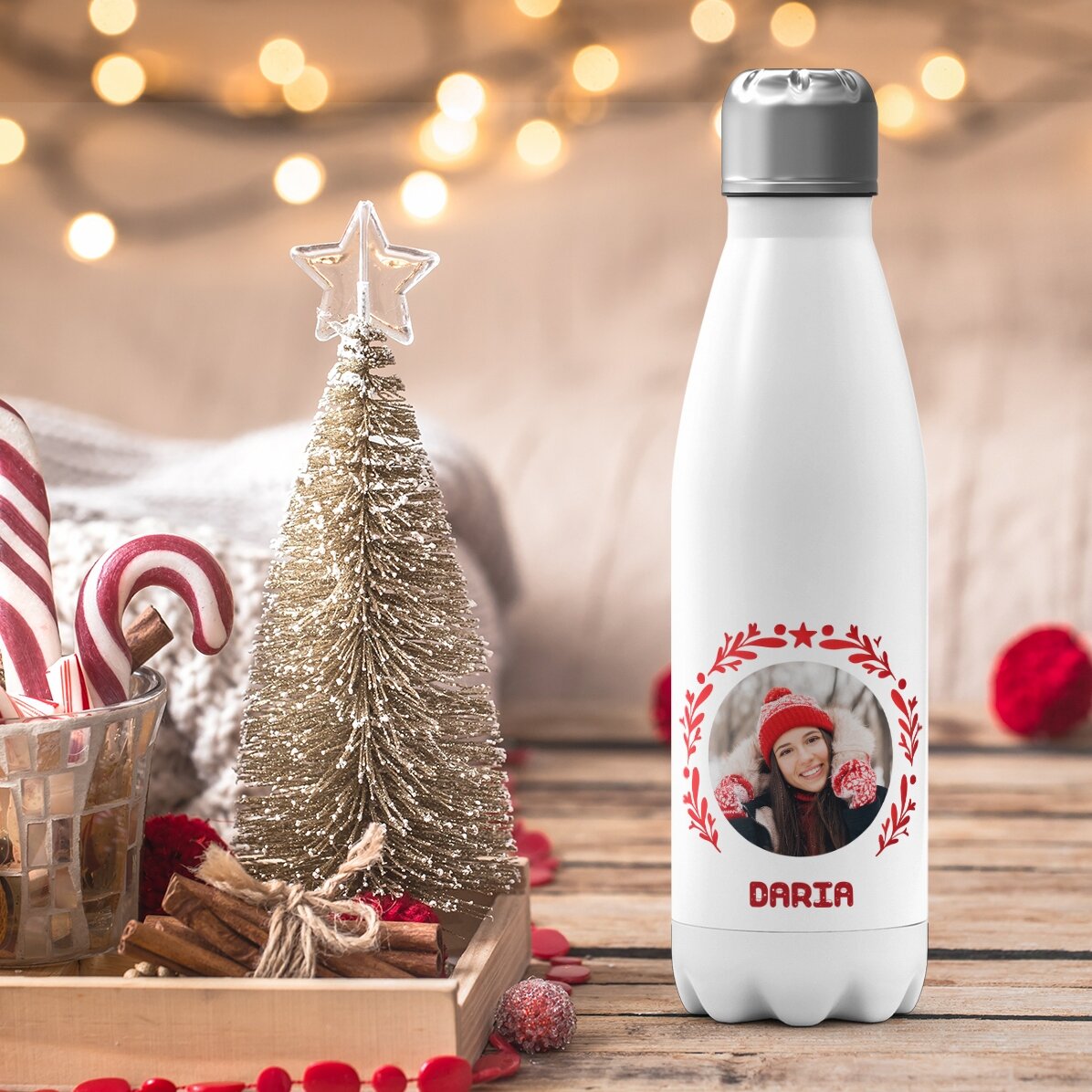 Thermos with white base personalised with photo and text - Christmas model