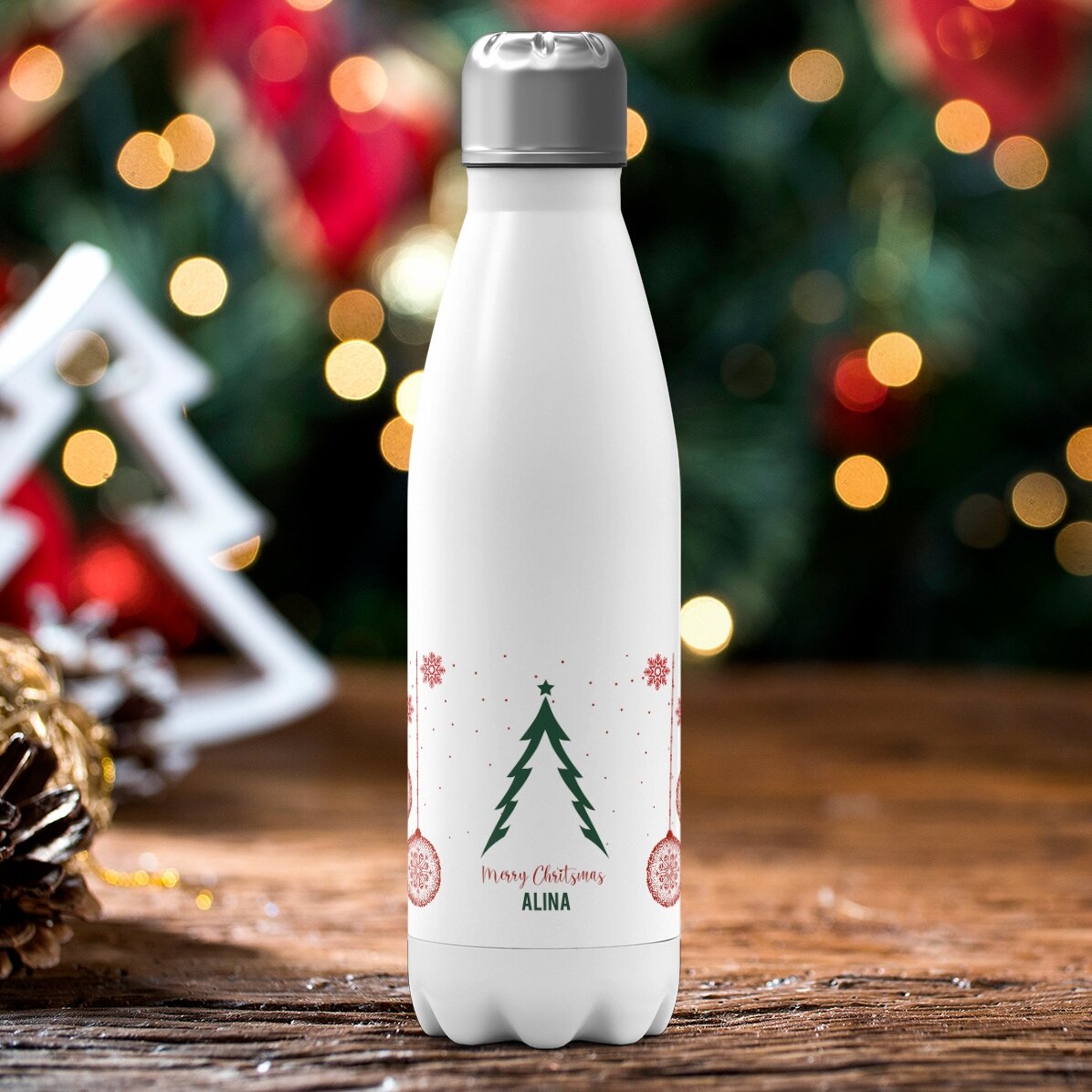 Thermoskanne mit weißem Boden, individuell mit Text bedruckt – Christmas tree
