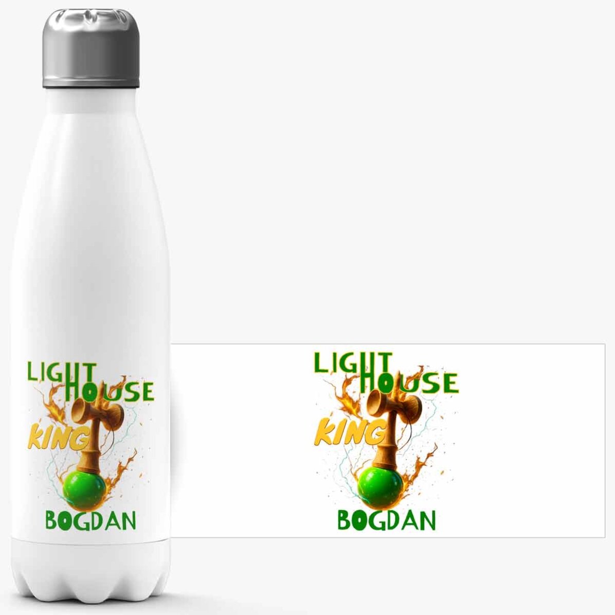 Thermoskanne mit weißem Boden, individuell mit Text bedruckt – Lighthouse King