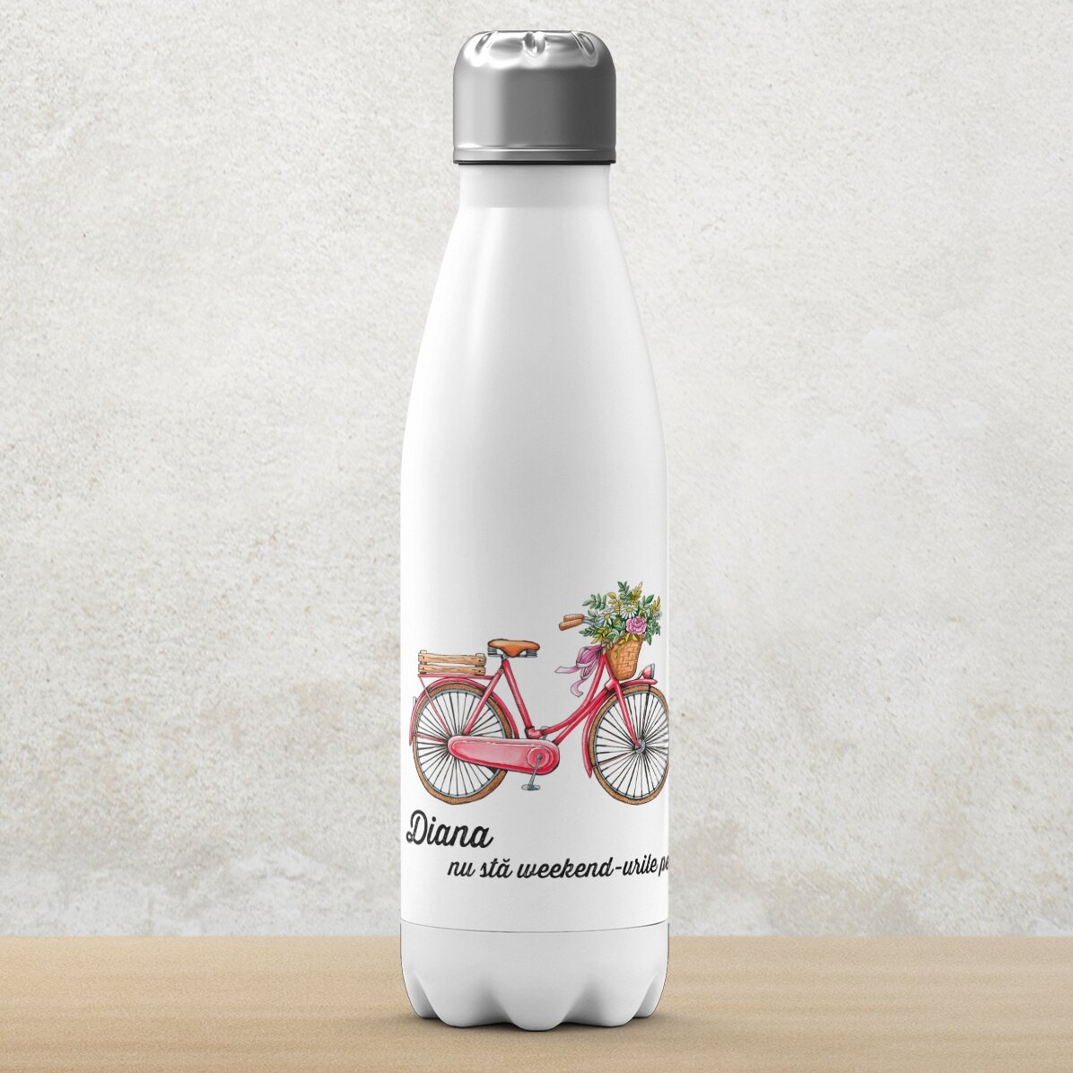 Thermoskanne mit weißem Boden, individuell mit Text bedruckt – Modell „Retro-Fahrrad“