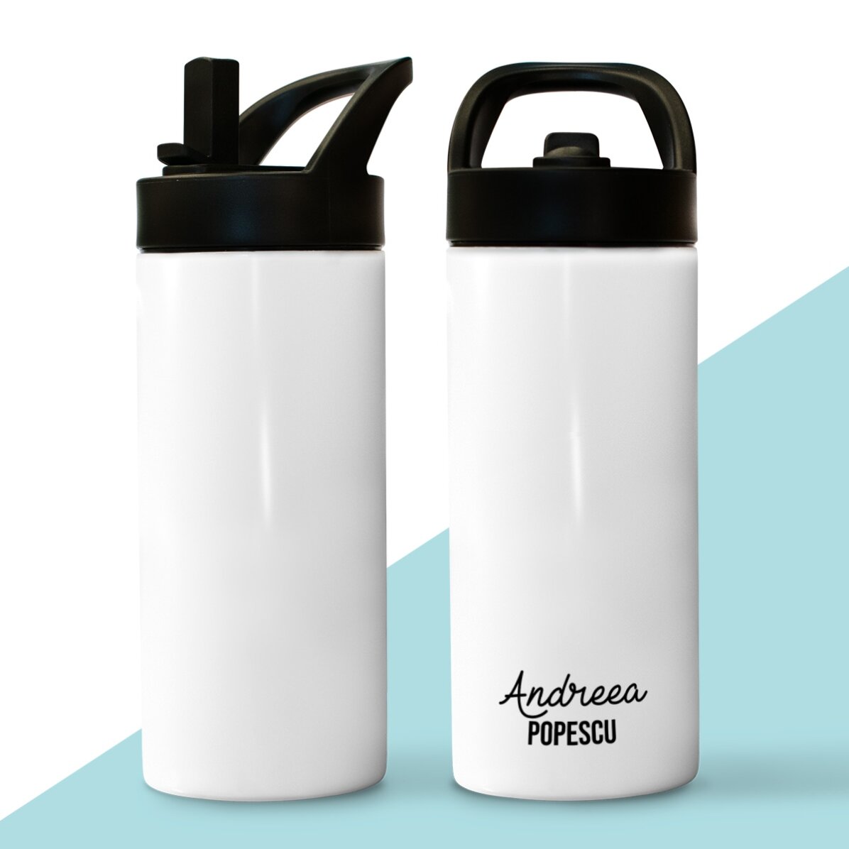 Thermoskanne mit Griff und personalisiertem Strohhalm mit 2 Zeilen Text