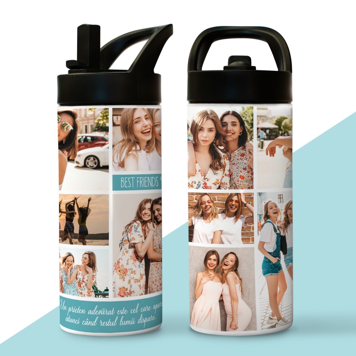 Thermoskanne mit Griff und personalisiertem Strohhalm mit Fotocollage und Text
