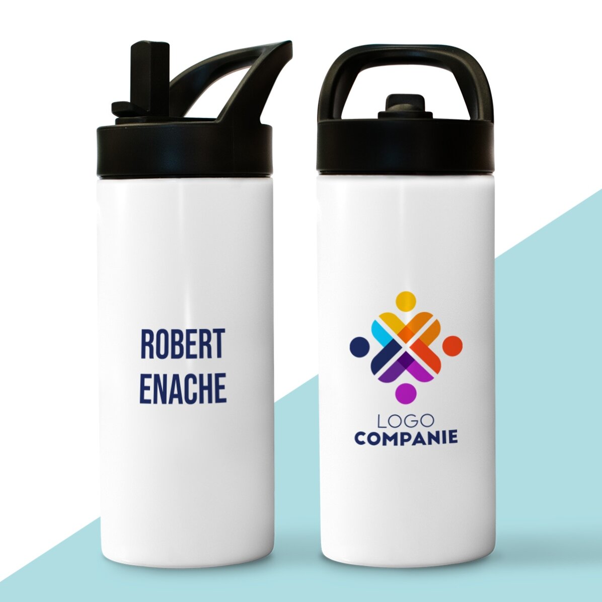 Thermos flask with handle and straw, personalised with logo and name