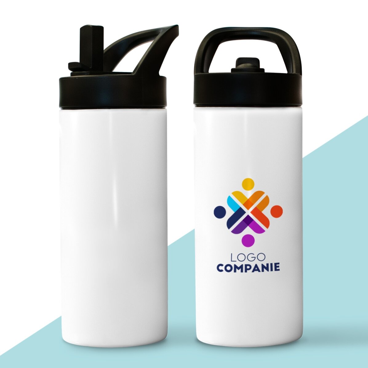 Thermoskanne mit Griff und personalisiertem Strohhalm mit Logo