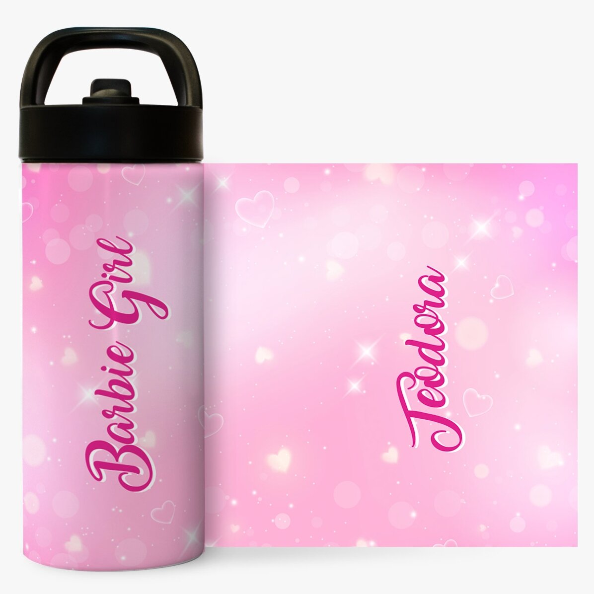 Thermoskanne mit Griff und personalisiertem Strohhalm mit Namen – Barbie