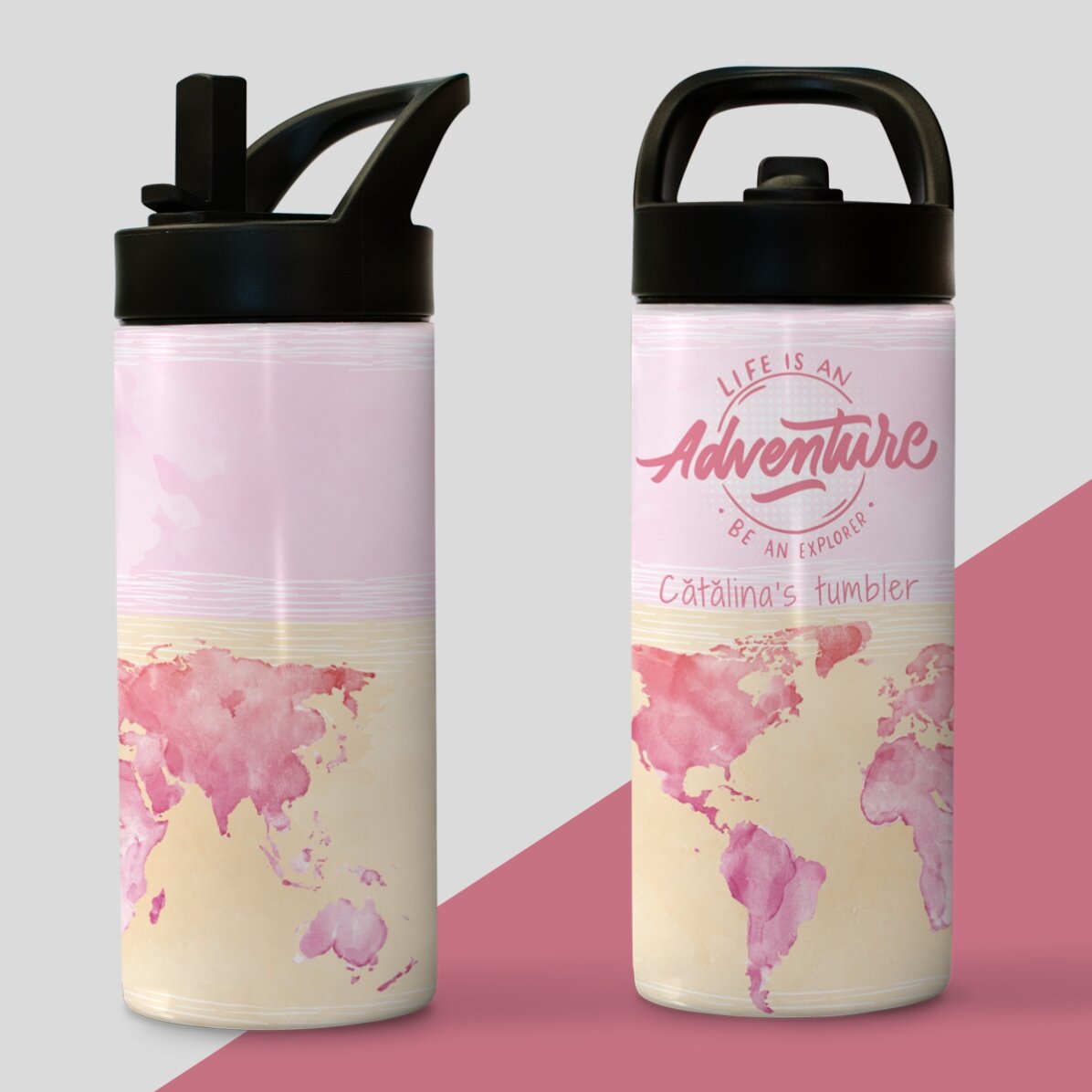 Thermosflasche mit Griff und personalisiertem Strohhalm mit Namen – Be an explorer
