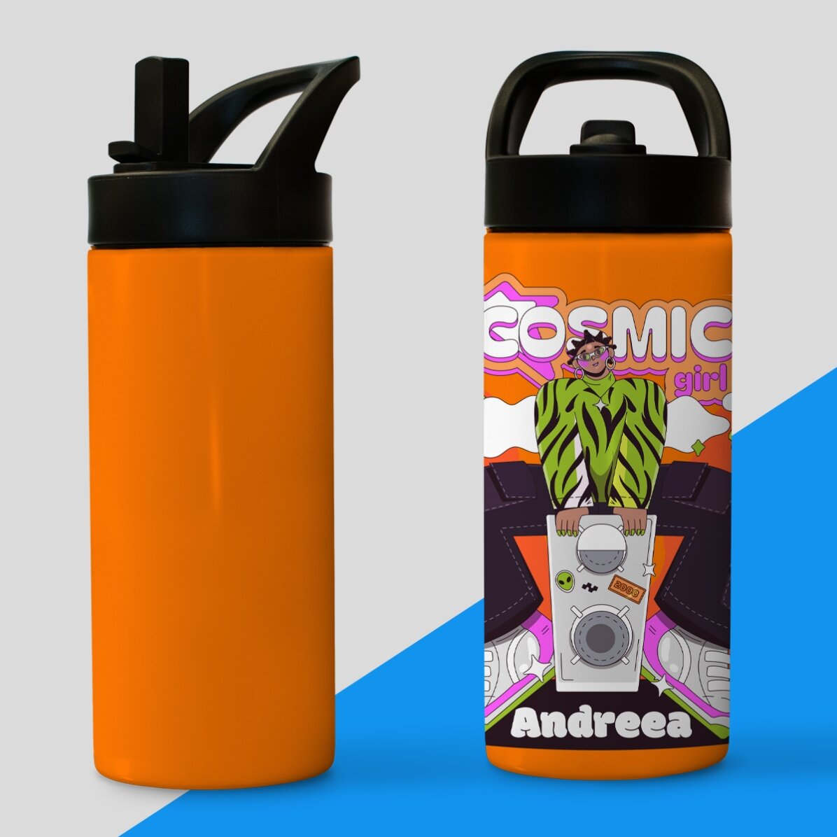 Thermoskanne mit Griff und personalisiertem Strohhalm mit Namen – Cosmic Girl