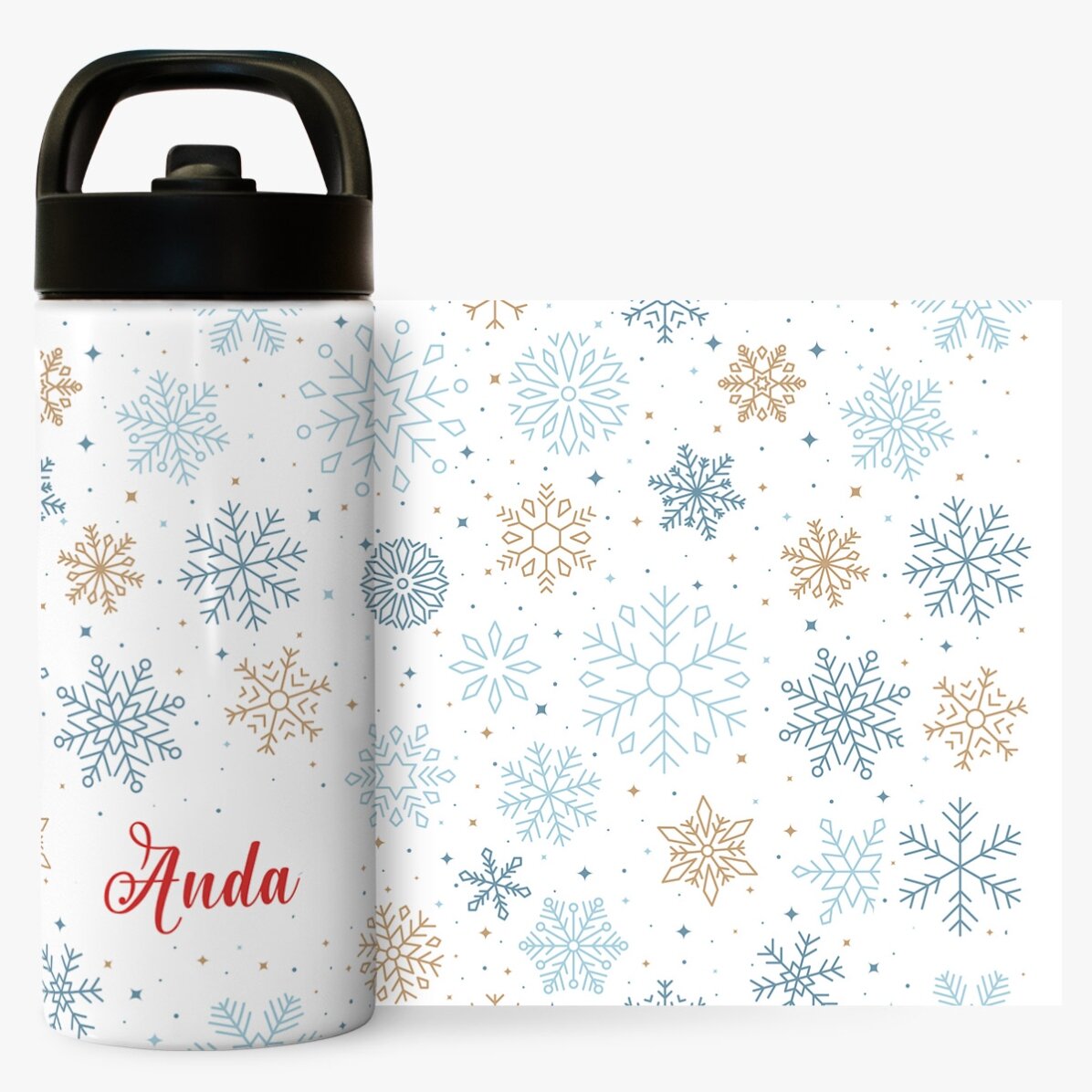 Thermosflasche mit Griff und personalisiertem Strohhalm mit Namen – Schneeflocken