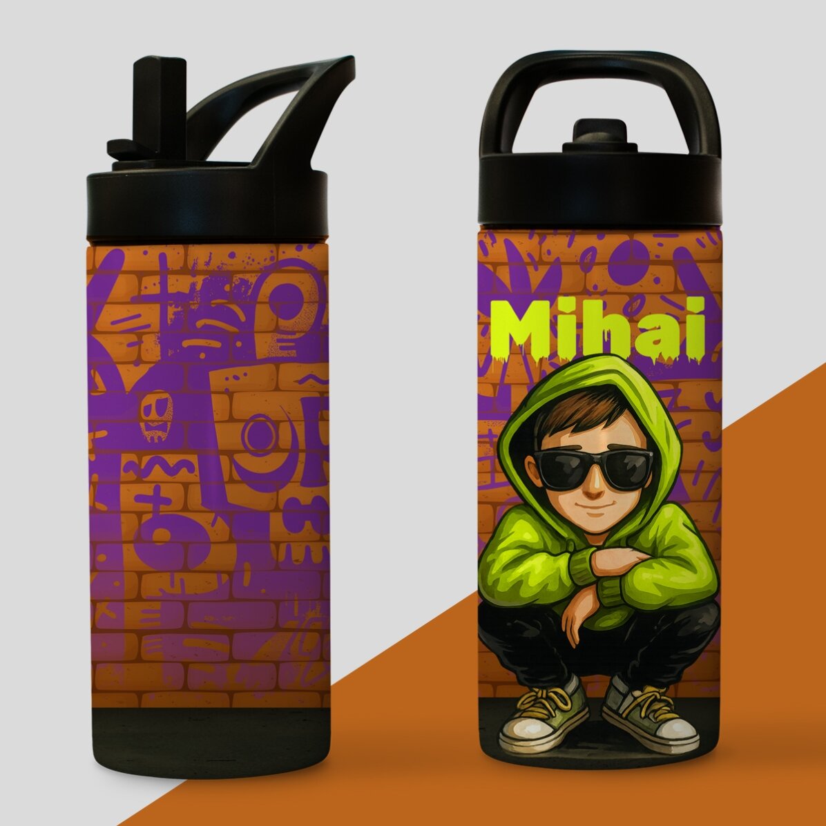 Thermos with handle and straw personalised with name - Graffiti