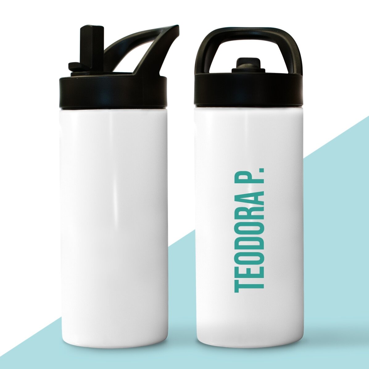 Thermoskanne mit Griff und Strohhalm, personalisiert mit Namen in vertikaler Schrift