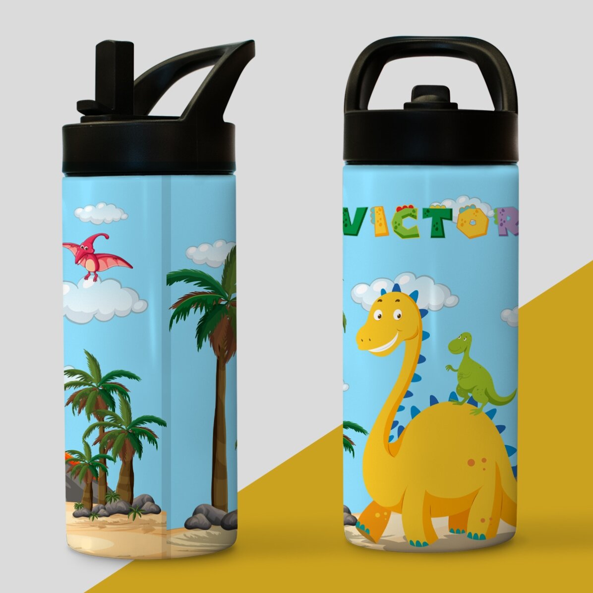 Thermos with handle and straw personalised with name for children - Dino
