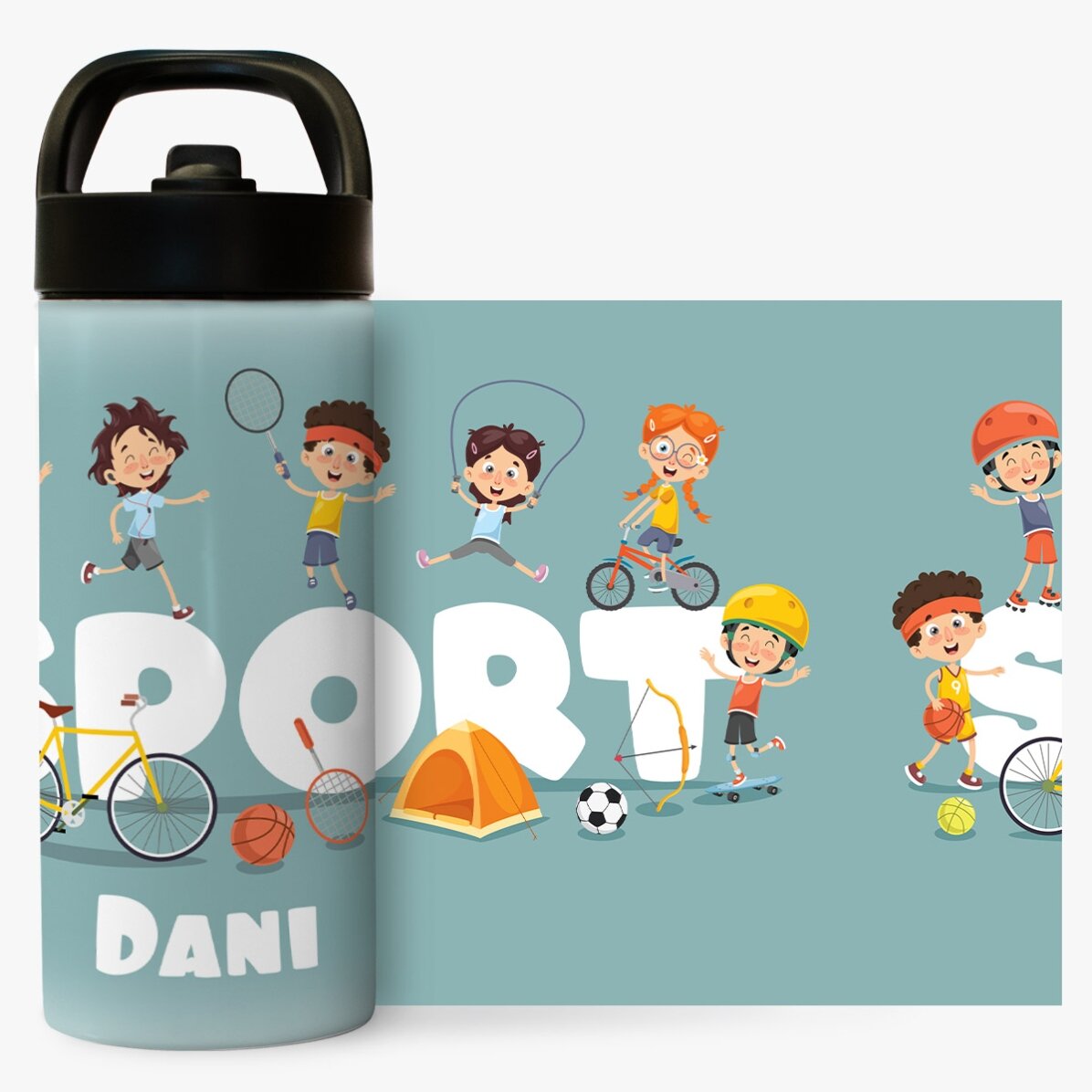Thermosflasche mit Griff und personalisiertem Strohhalm mit Namen für Kinder – Sport