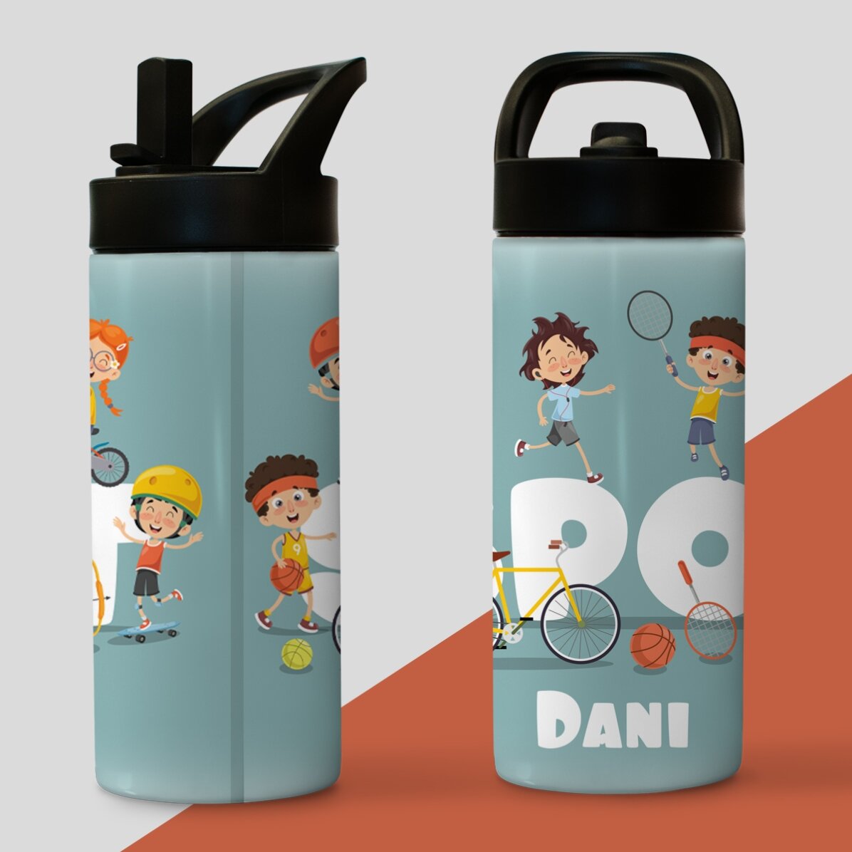 Thermosflasche mit Griff und personalisiertem Strohhalm mit Namen für Kinder – Sport