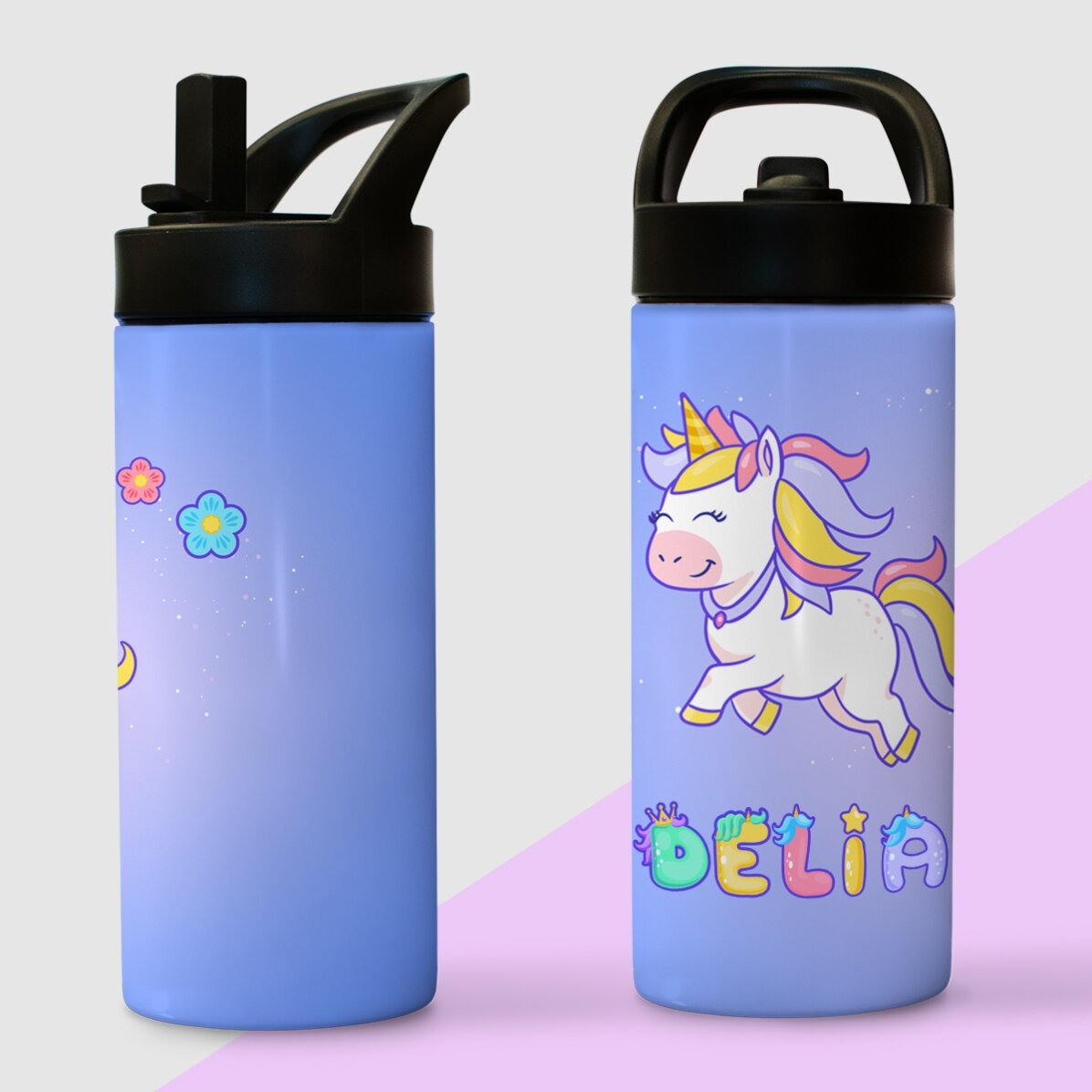 Thermosflasche mit Griff und personalisiertem Strohhalm mit Namen – Einhorn