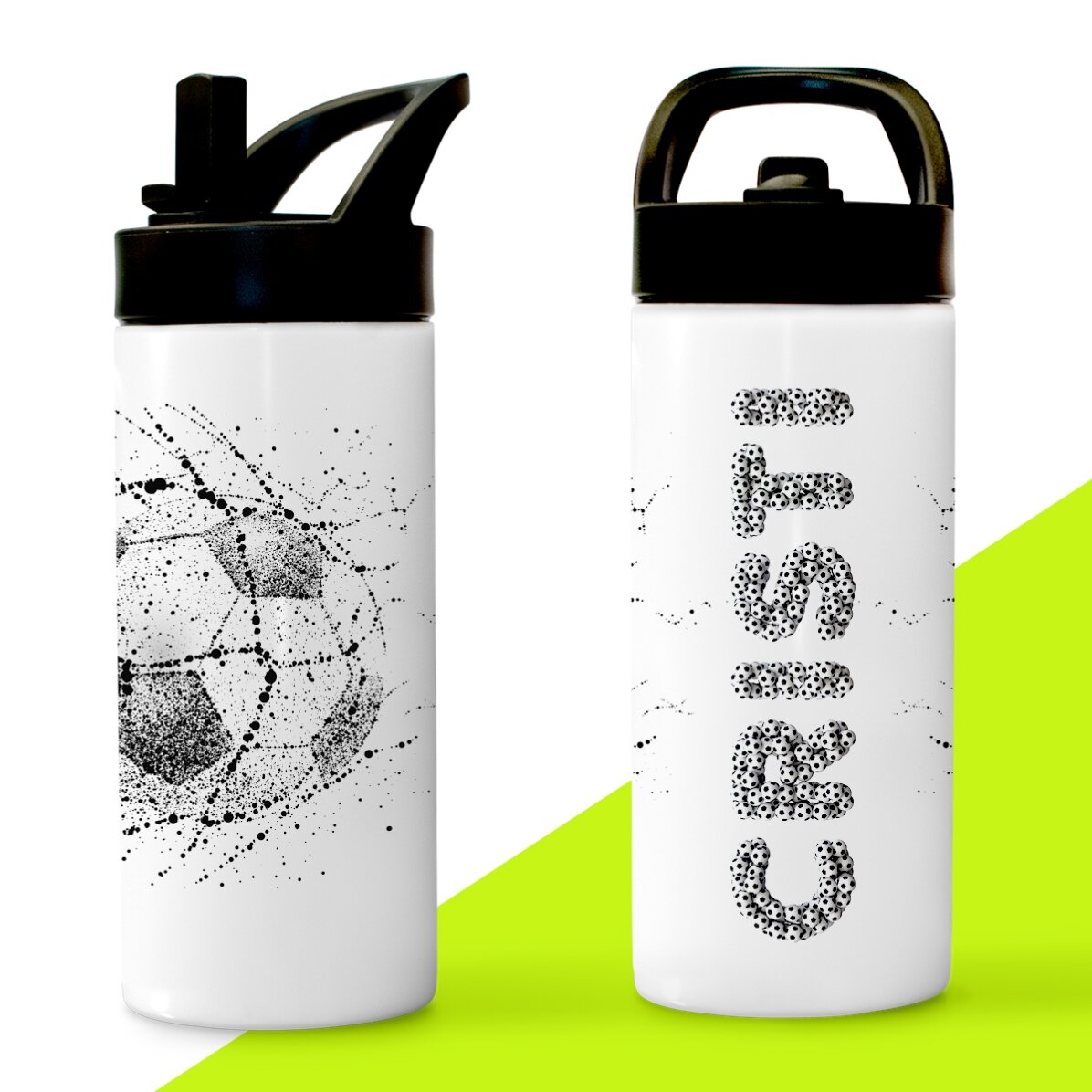 Thermoskanne mit Griff und personalisiertem Strohhalm mit Aufdruck – Fußball