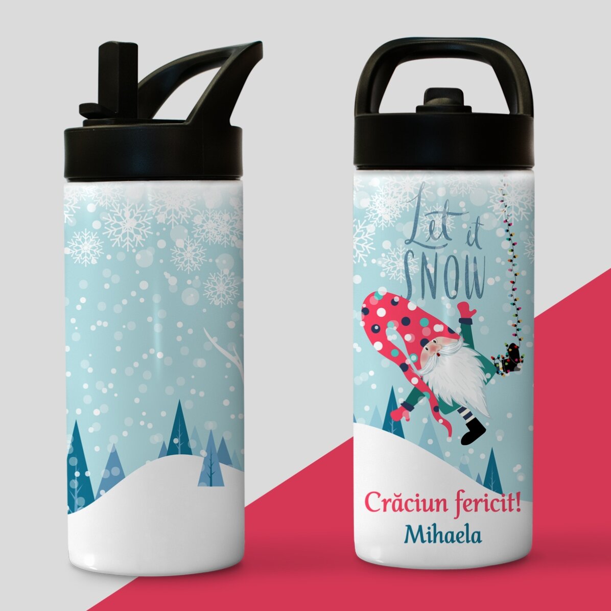 Thermosflasche mit Griff und personalisiertem Strohhalm mit dem Aufdruck „Let it snow“