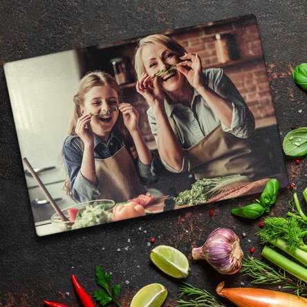 Personalised glass chopping board with a photo