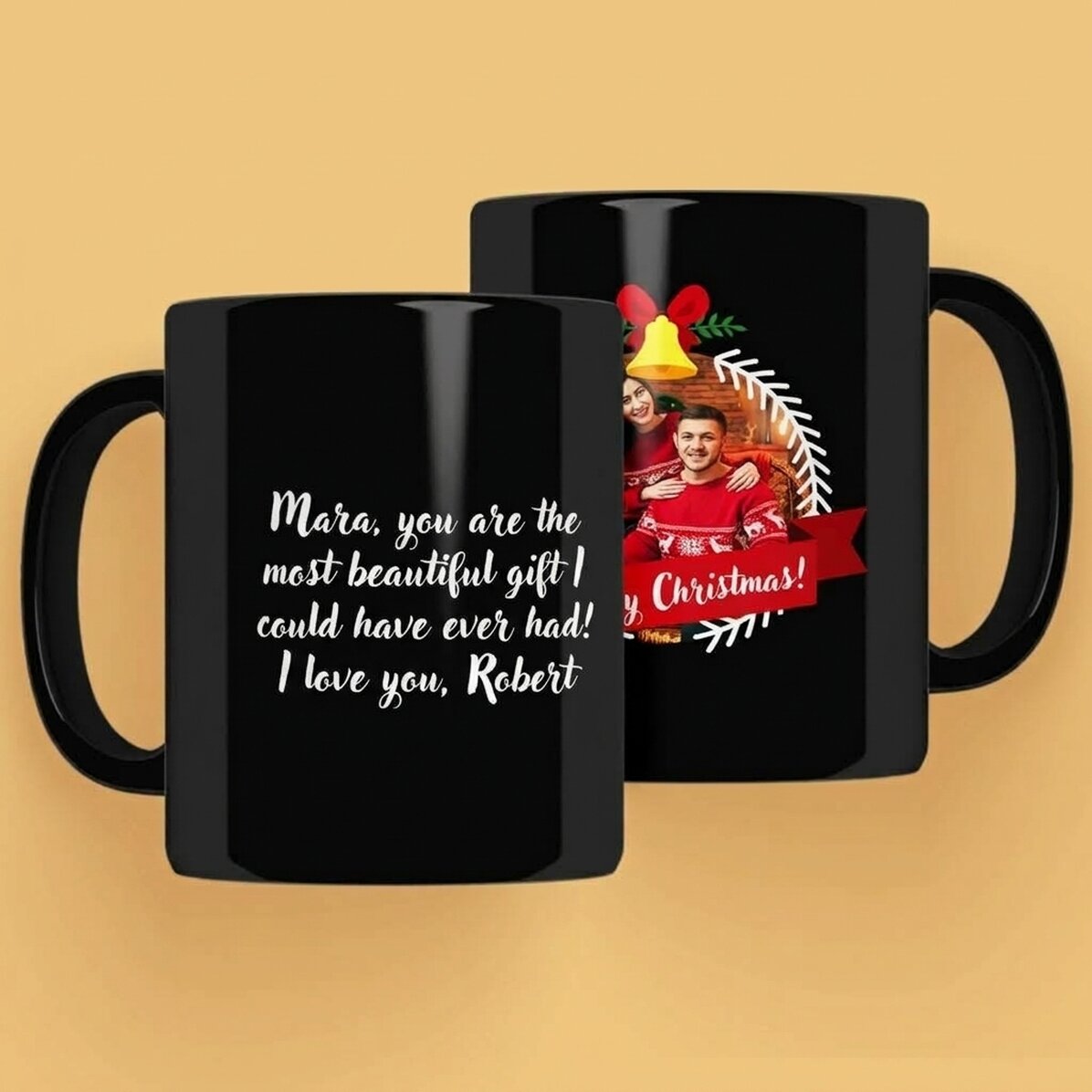Personalisierte schwarze Tasse mit Foto und Text – Merry Christmas