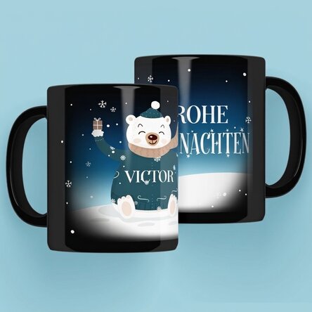 Personalisierte schwarze Tasse mit deinem Namen und einem Text – Happy Bear