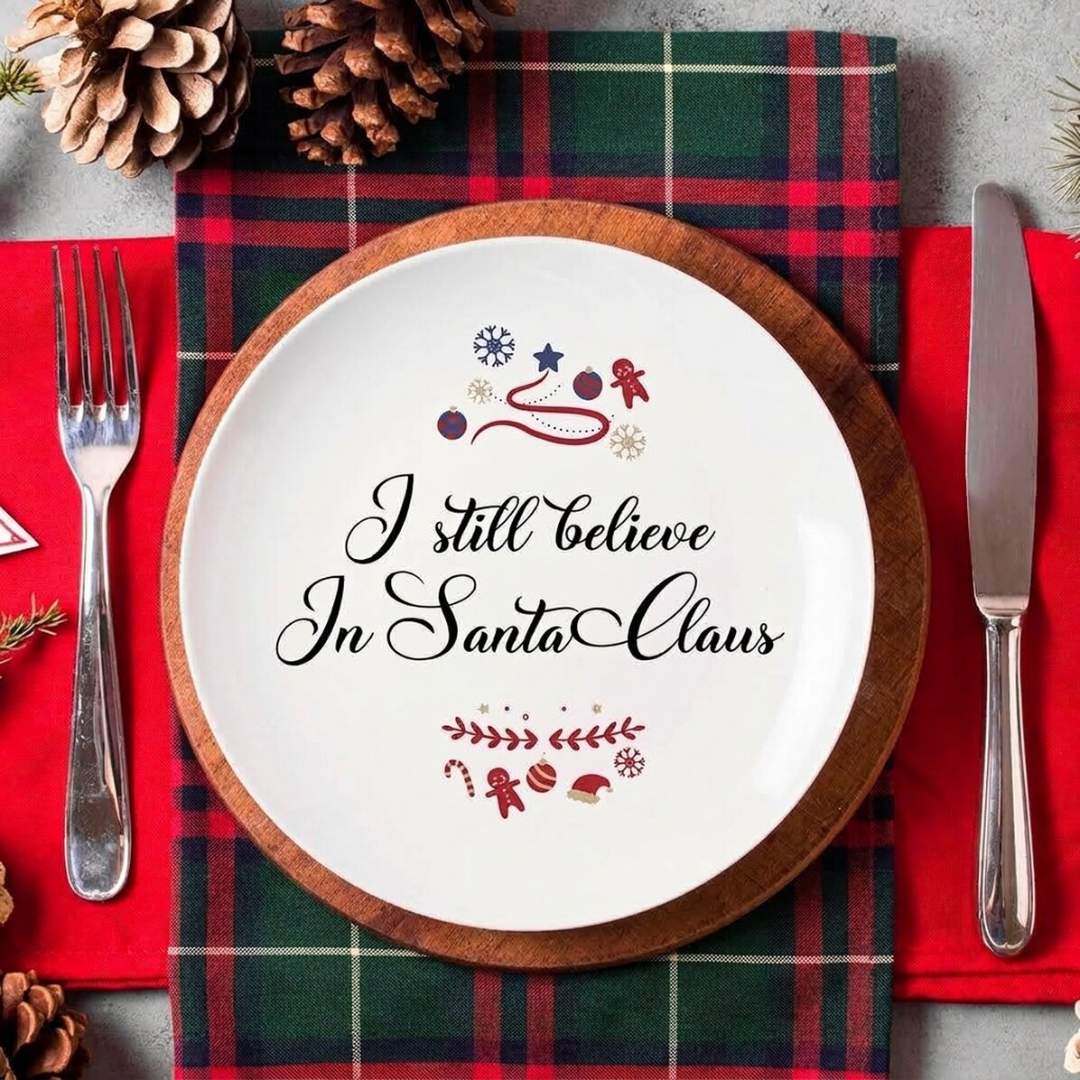 Personalisierter Teller mit Schriftzug – „I still believe in Santa“