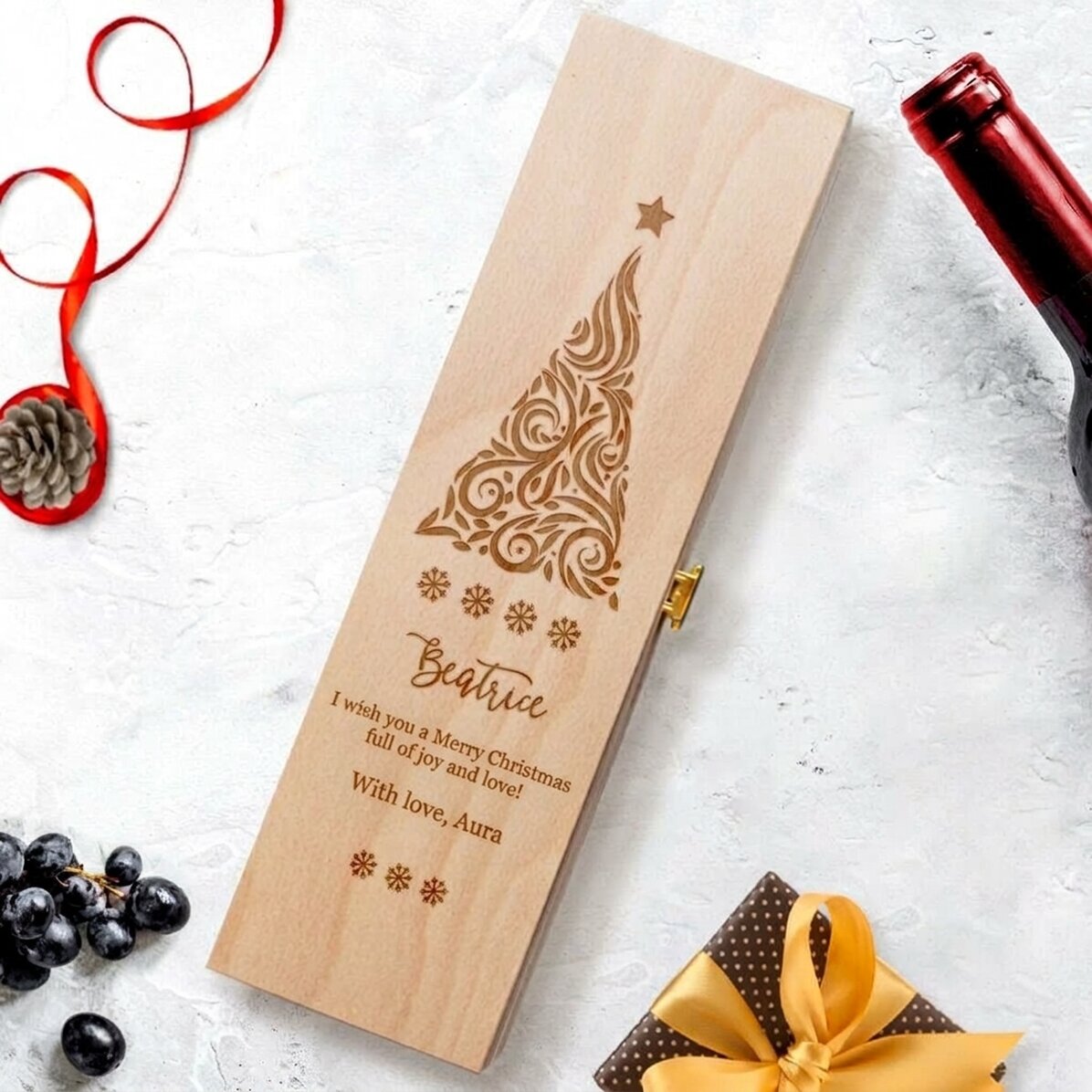 Personalisierte Weinkiste mit Text – Weihnachtsgruß