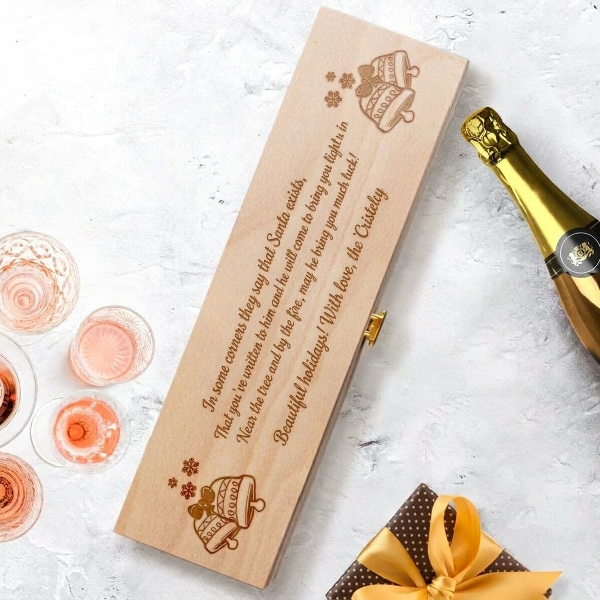 Personalisierte Sektverpackung mit Weihnachtsbotschaft