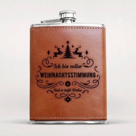 Personalisierte, mit Leder ummantelte Taschenflasche – Holiday Spirit