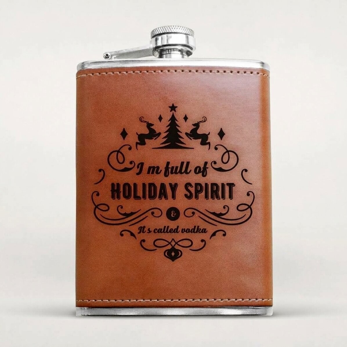 Personalisierte, mit Leder ummantelte Taschenflasche – Holiday Spirit