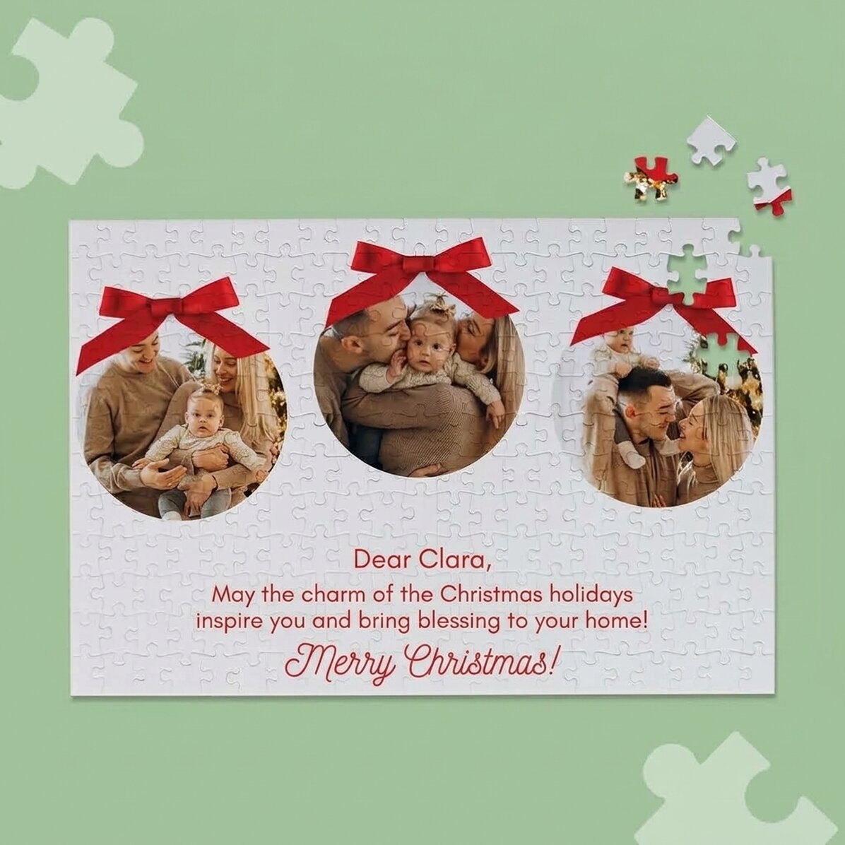 Personalisiertes Puzzle mit 3 Fotos und Text, 36 x 24 cm – Frohe Feiertage