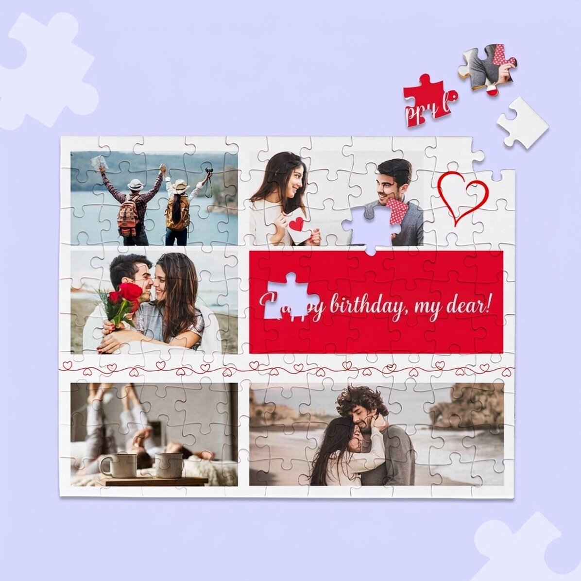 Individuell gestaltetes Puzzle mit 5 Fotos und Text, 24 x 19 cm – Hearts