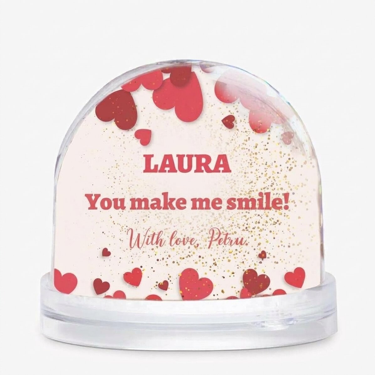 Personalisierte Schreibtischkugel mit Foto und Text – „You make me smile“