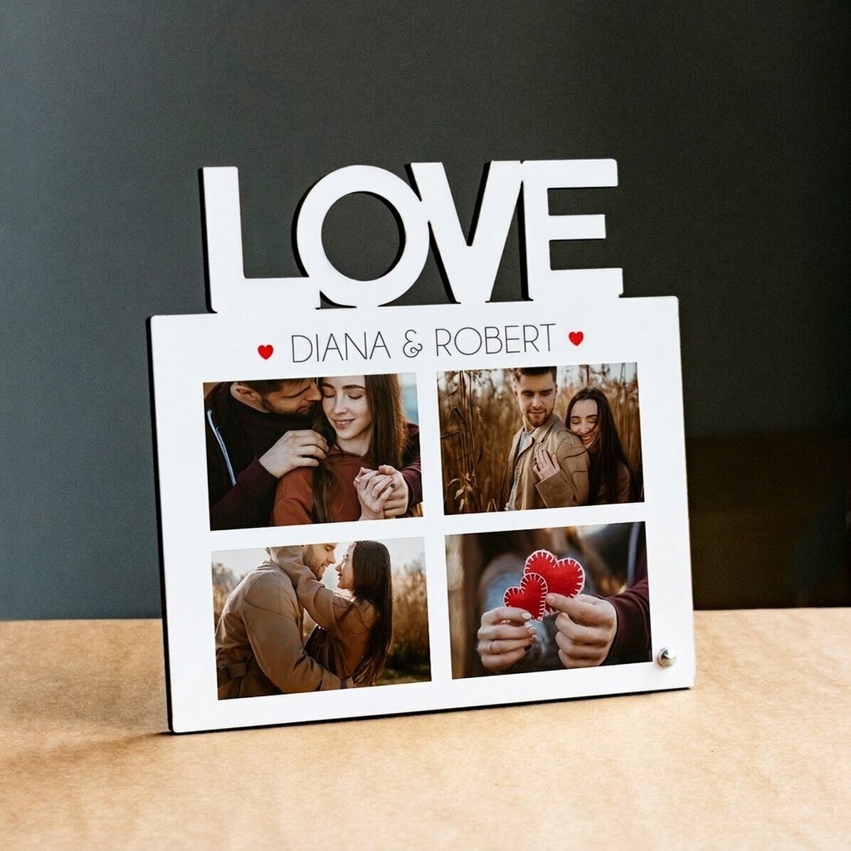 Personalisierter Fotorahmen für den Schreibtisch mit 4 Fotos und Text – Modell LOVE