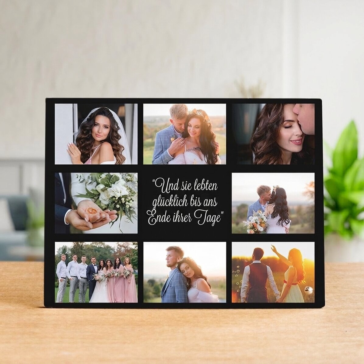 Personalisierter Fotorahmen für den Schreibtisch mit 8 Fotos und Text – Happily Ever After