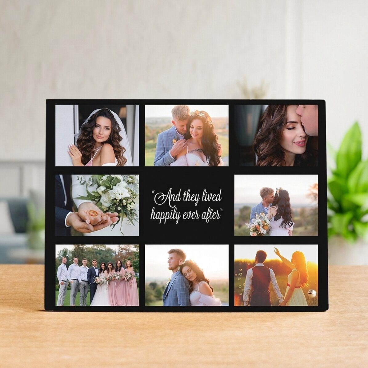 Personalisierter Fotorahmen für den Schreibtisch mit 8 Fotos und Text – Happily Ever After