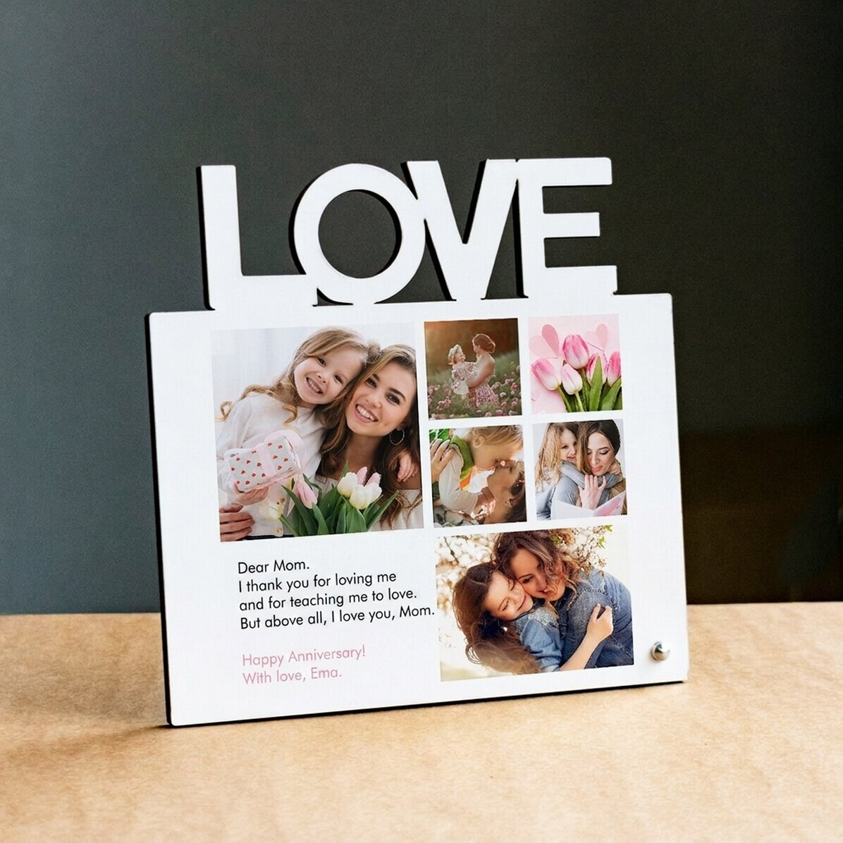 Personalisierter Fotorahmen für den Schreibtisch mit 6 Fotos und Text für die Mutter – Modell „LOVE“