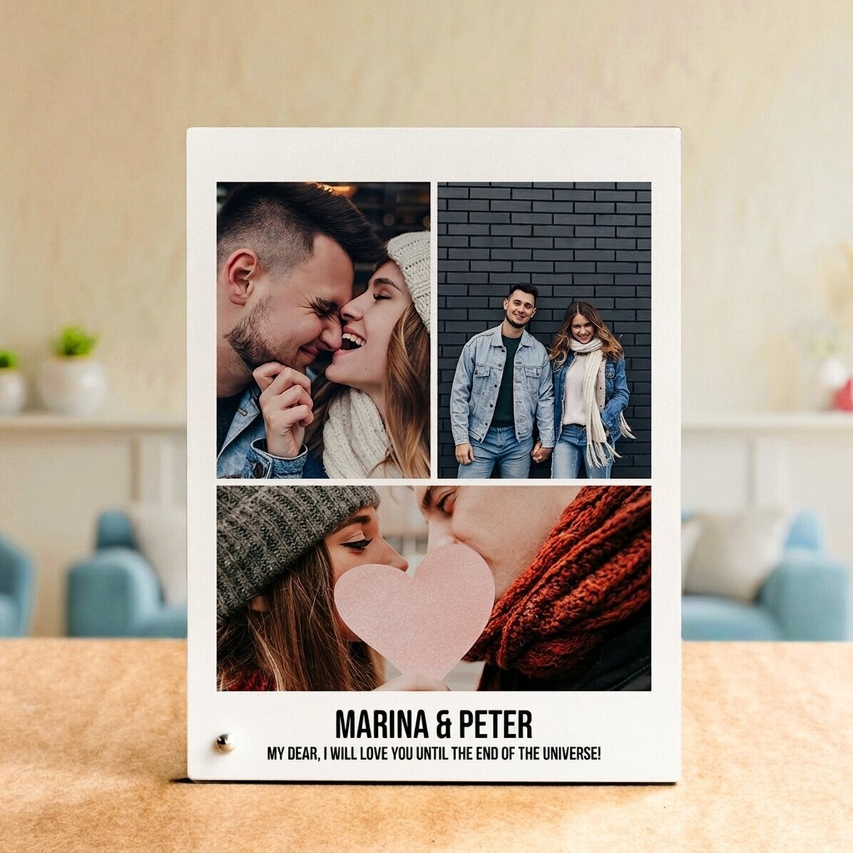Personalisierter Fotorahmen für den Schreibtisch mit 3 Fotos und Text