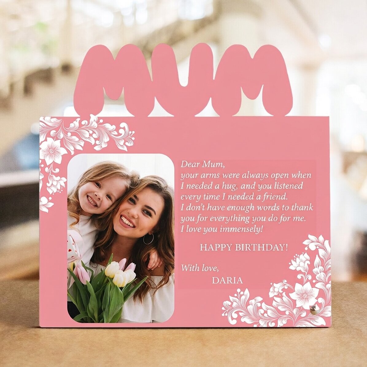 Personalisierter Fotorahmen für den Schreibtisch mit Foto und Text – Alles Gute zum Geburtstag, Mama