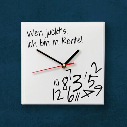 Personalisierte quadratische Uhr mit Schriftzug – Wen interessiert’s? Ich bin in Rente!
