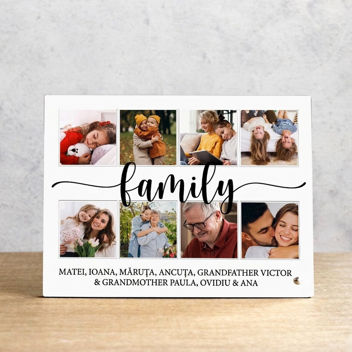 Personalisierter Fotorahmen für den Schreibtisch mit 8 Fotos und Text – Familie