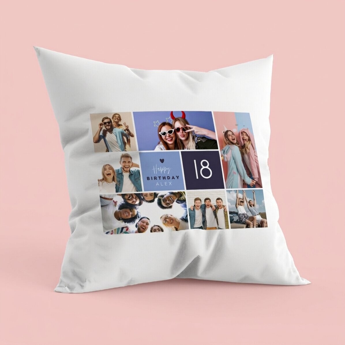 Personalisiertes Kissen mit 7 Porträtfotos und Text – Happy Birthday