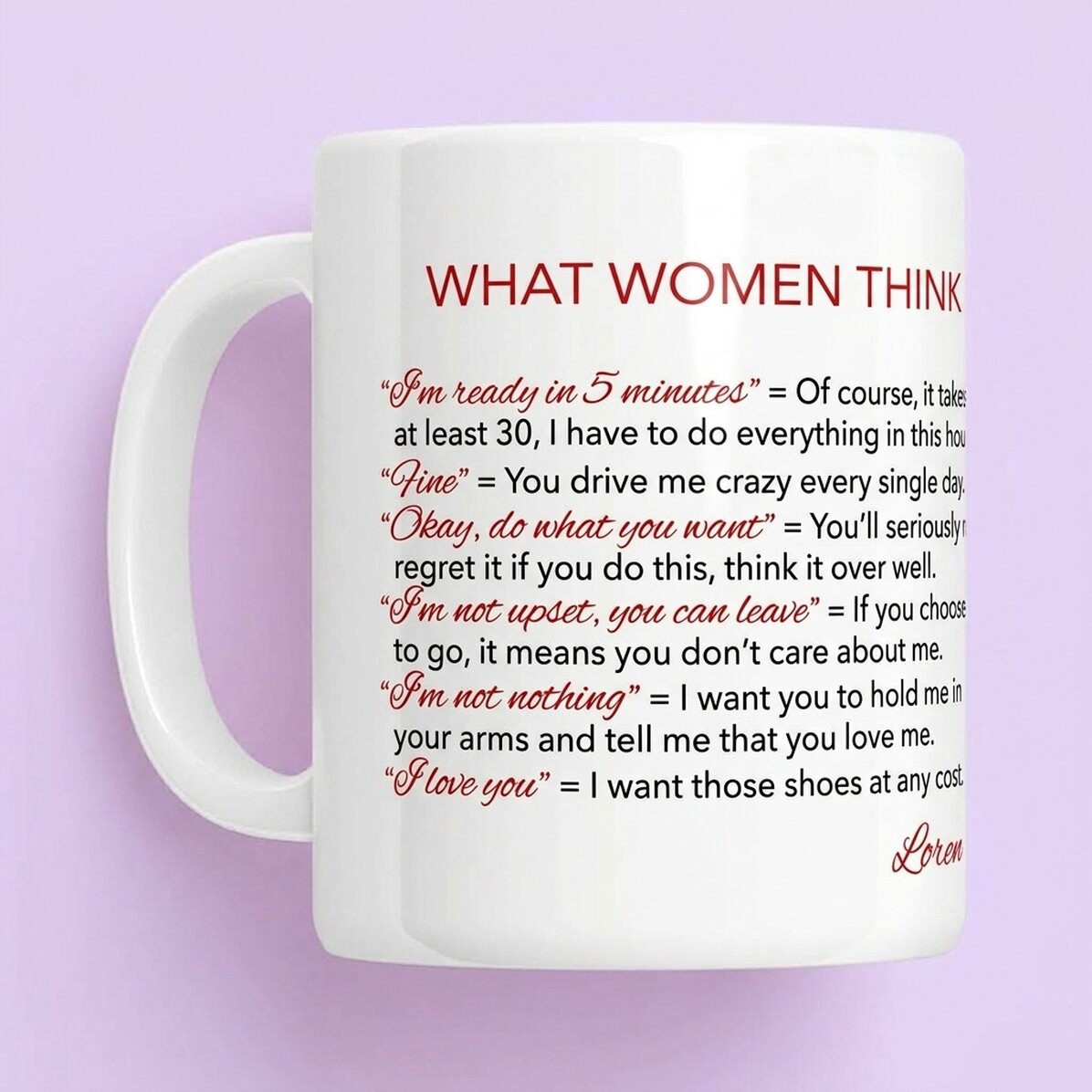 Personalisierte Tasse mit Text – Was Frauen denken