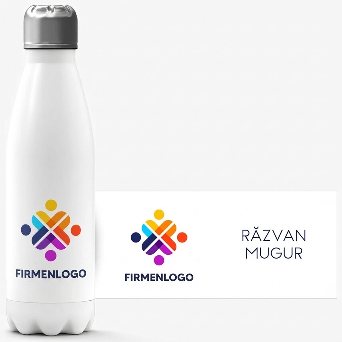 Thermoskanne mit weißem Sockel, individuell gestaltet mit Logo und Namen