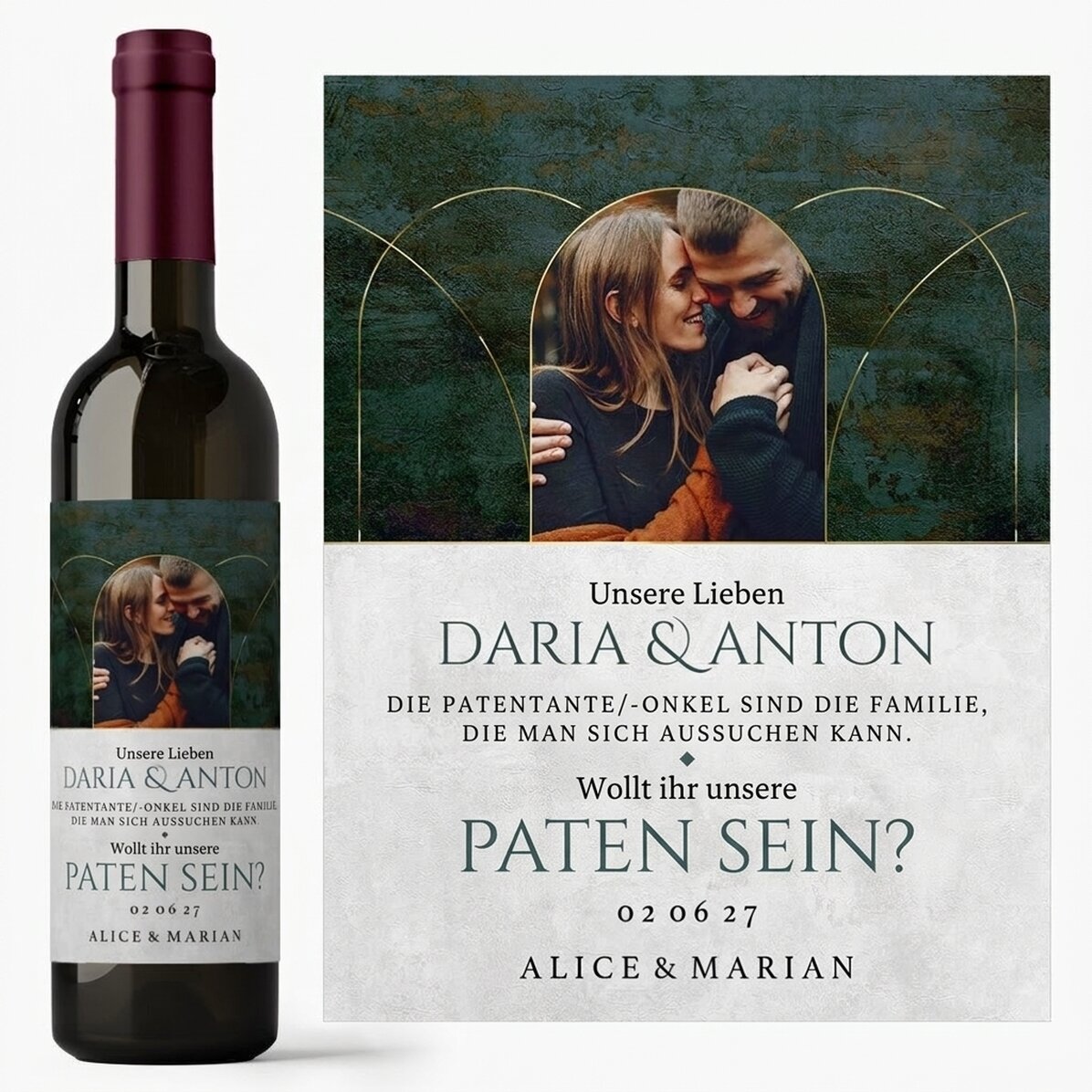 Personalisierter Wein mit Text und 1 Foto – Möchtet ihr unsere Paten sein?