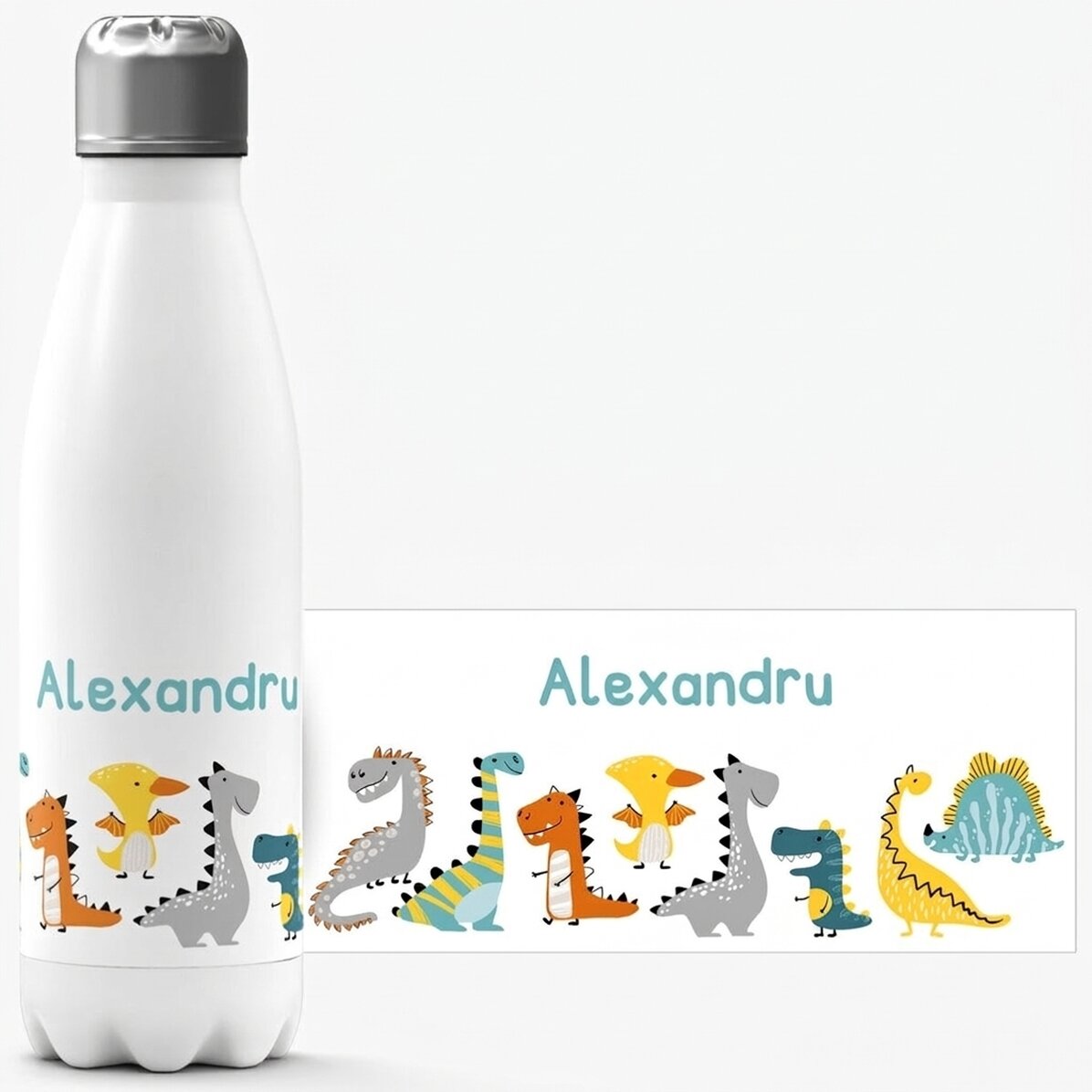 Thermoskanne mit weißem Boden, individuell mit Namen bedruckt – Dinosaurier