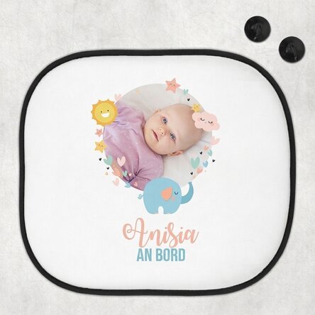 Individuell gestaltete Sonnenblende für das Auto mit Foto und Text – „Baby on board“