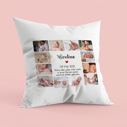 Personalisiertes Kissen mit 12 Fotos und Text – Baby